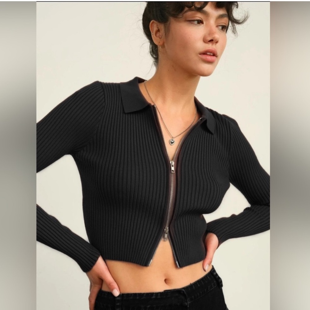 NWT Black Ribbed Cropped Cardigan with Collar